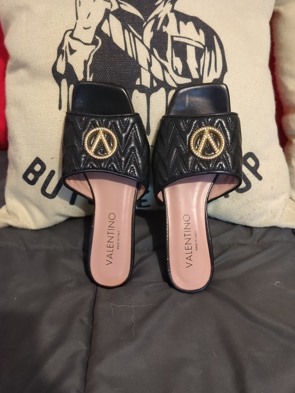 Authentic Valentino Black Quilted Slide Sandals Size 6.5 Made In Italy